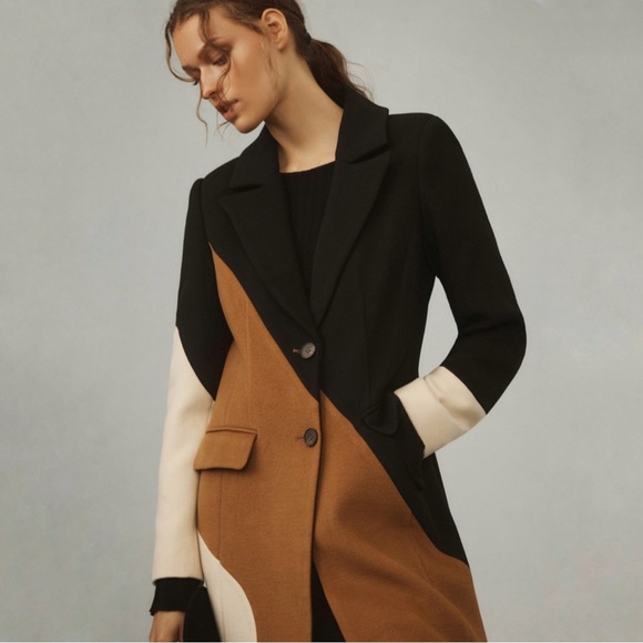 Anthropologie Avec Les Filles Wavy Colorblock Coat Calico Black Tan Cream XXS - Picture 2 of 16